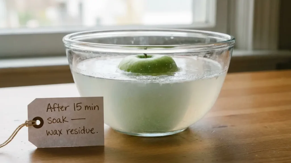 Baking soda wash water turning slightly milky after soaking a waxed apple for 15 minutes — the cloudy water shows wax coating being removed