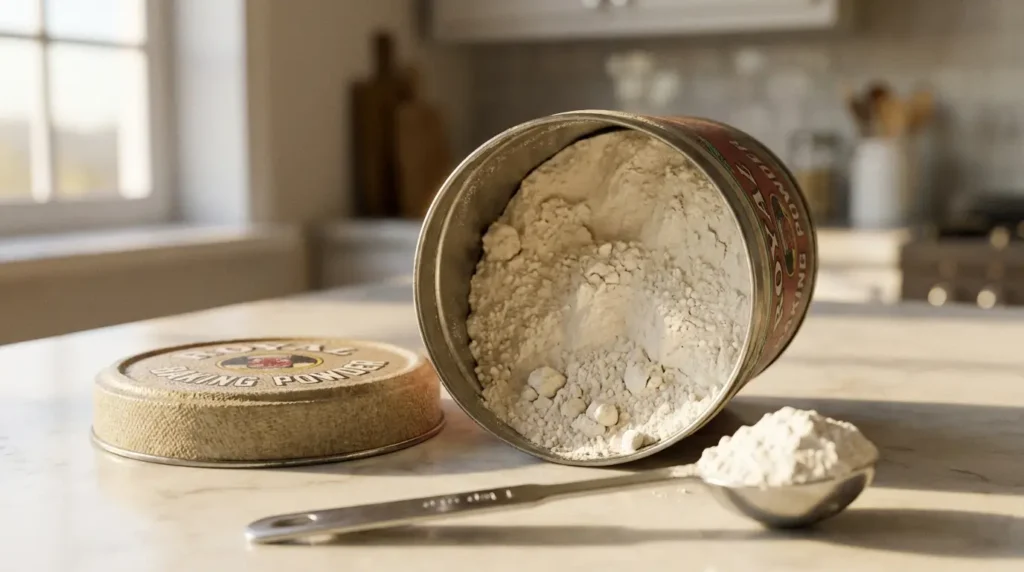 Open baking powder tin with a teaspoon of baking powder — the blend of sodium bicarbonate, dry acid, and starch is visible