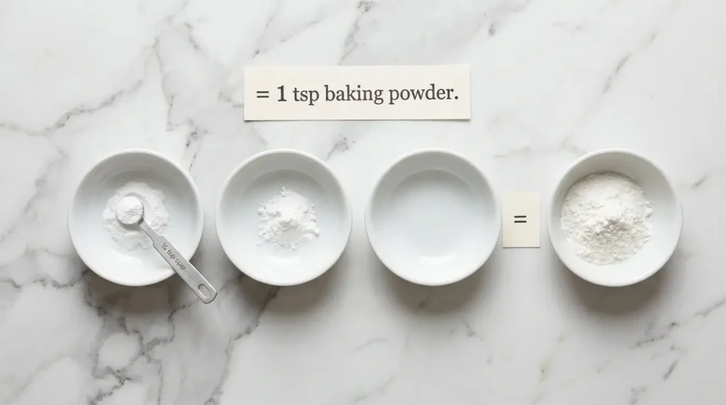 Visual showing the baking powder substitution ratio: one quarter teaspoon baking soda plus one half teaspoon cream of tartar equals one teaspoon baking powder