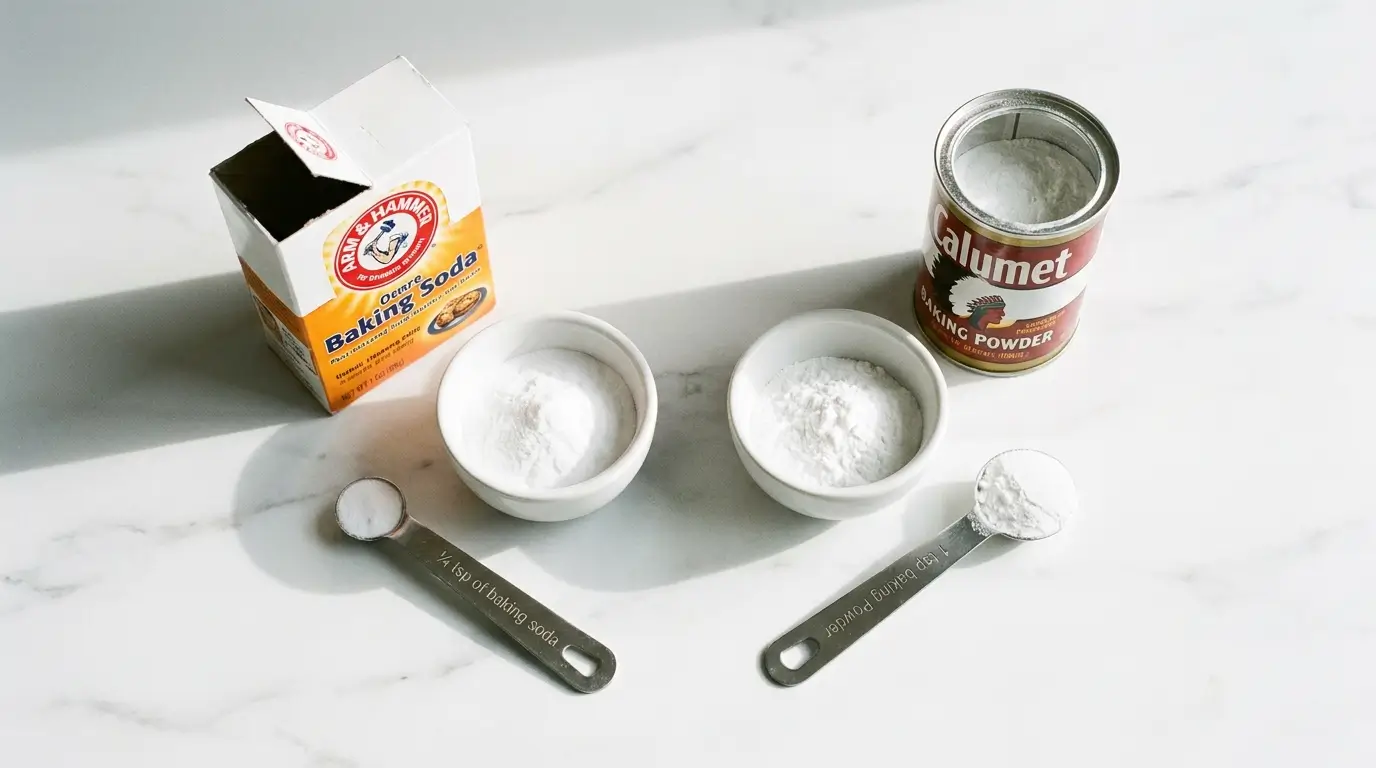 Baking soda and baking powder side by side with measuring spoons showing the different use rates per cup of flour