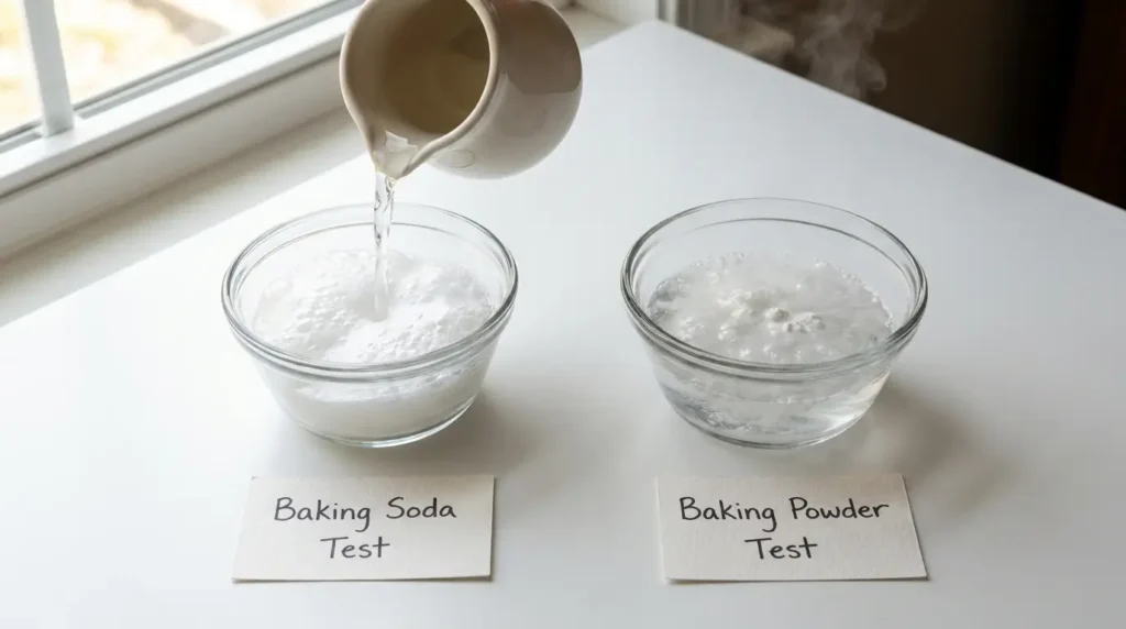 Two freshness tests side by side: baking soda fizzing in vinegar on the left, baking powder bubbling in hot water on the right