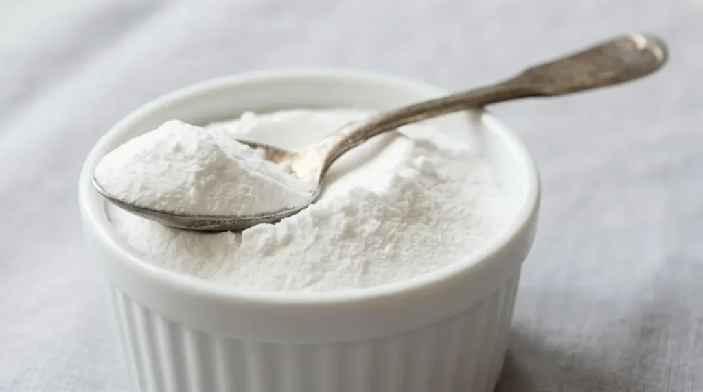Close-up of a teaspoon of baking soda — pure white sodium bicarbonate powder in a ceramic ramekin