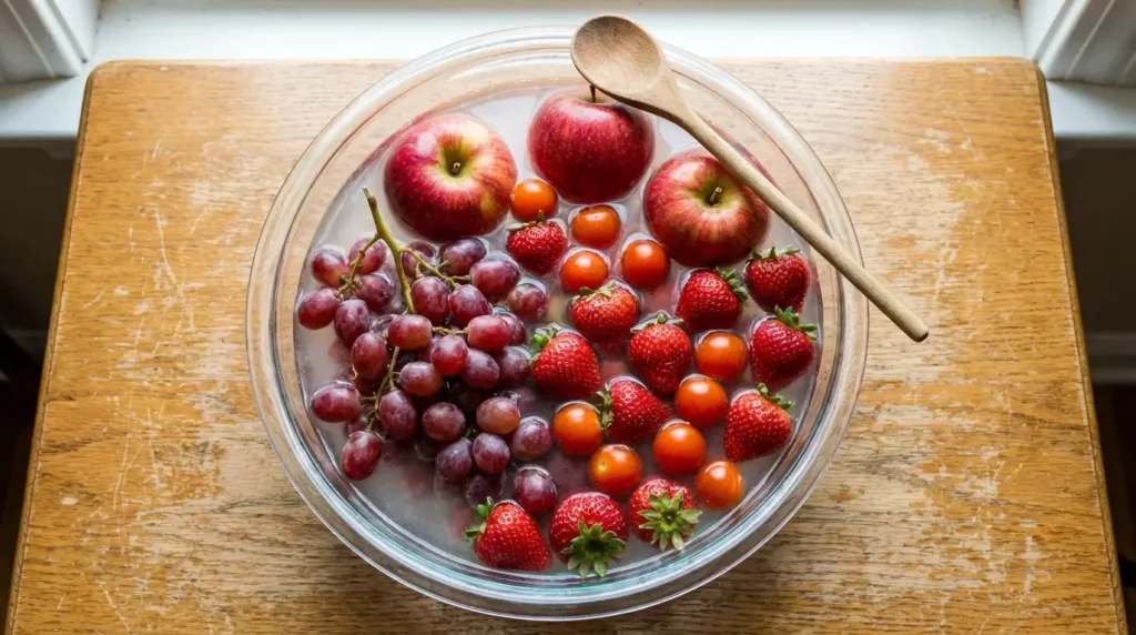 Mixed fruit and vegetables including apples, grapes, strawberries, and cherry tomatoes soaking in a baking soda fruit wash solution in a large glass bowl