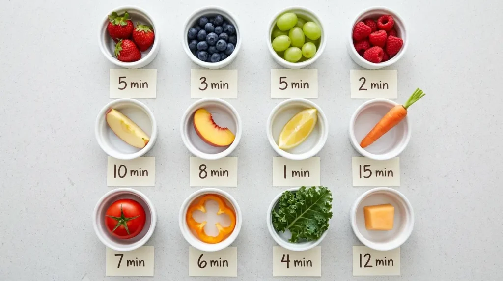 Overhead grid of twelve produce types in individual ramekins showing the different baking soda wash requirements for each — from 1-minute delicate berries to 15-minute firm apples