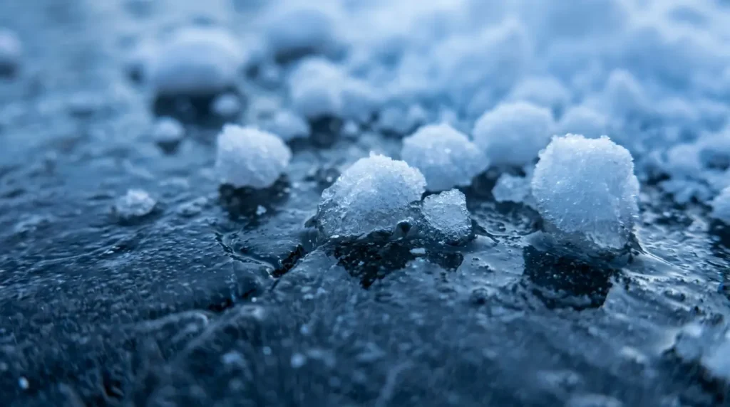 Close-up of baking soda granules resting on an ice surface — the crystalline particles provide immediate traction before melting begins
