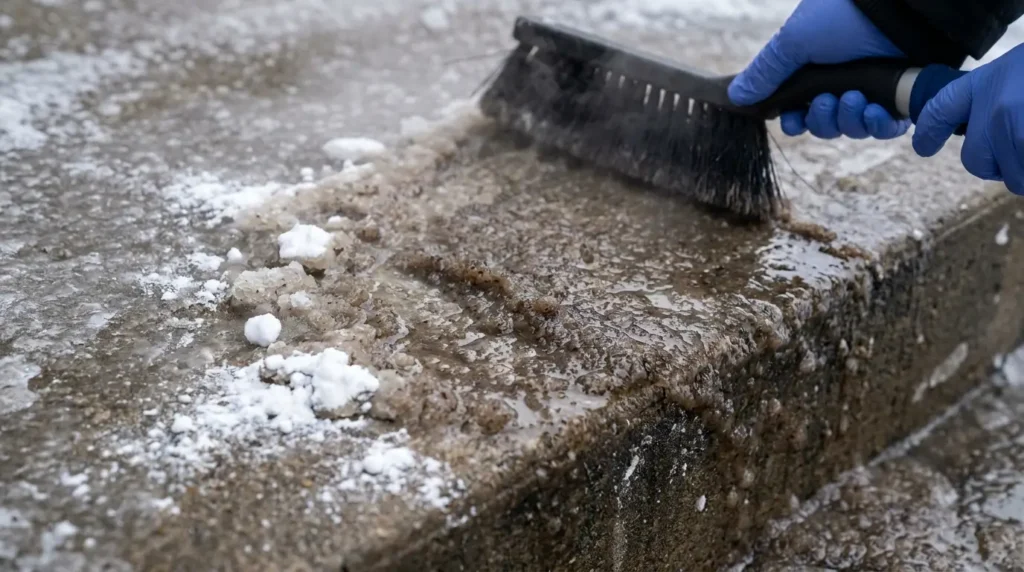 Icy step surface after baking soda treatment showing partial slush conversion — the ice bond to the concrete has broken allowing easy scraping