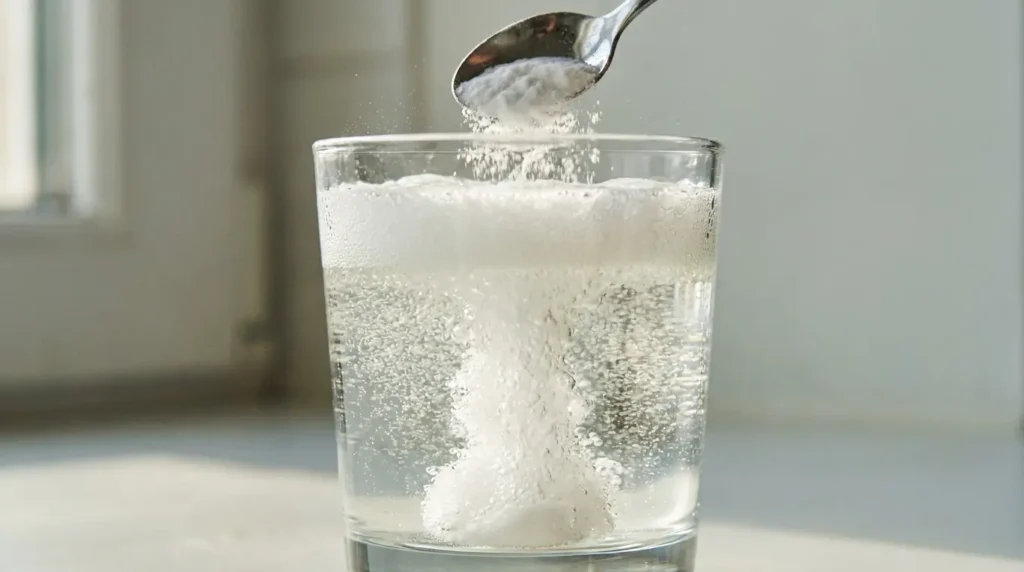 Close-up of the fizzing reaction as baking soda hits lemon water — the CO2 bubbles from the acid-base neutralization reaction are clearly visible
