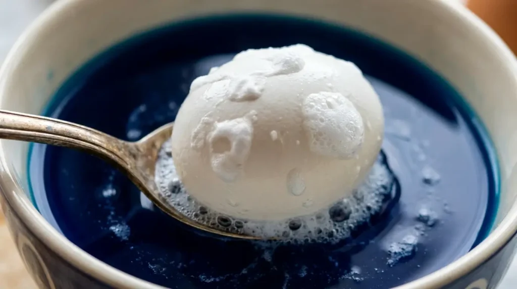 Hard-boiled egg with baking soda paste being lowered into a vinegar dye bath — CO2 bubbles fizzing at each paste contact point will create a speckled texture pattern