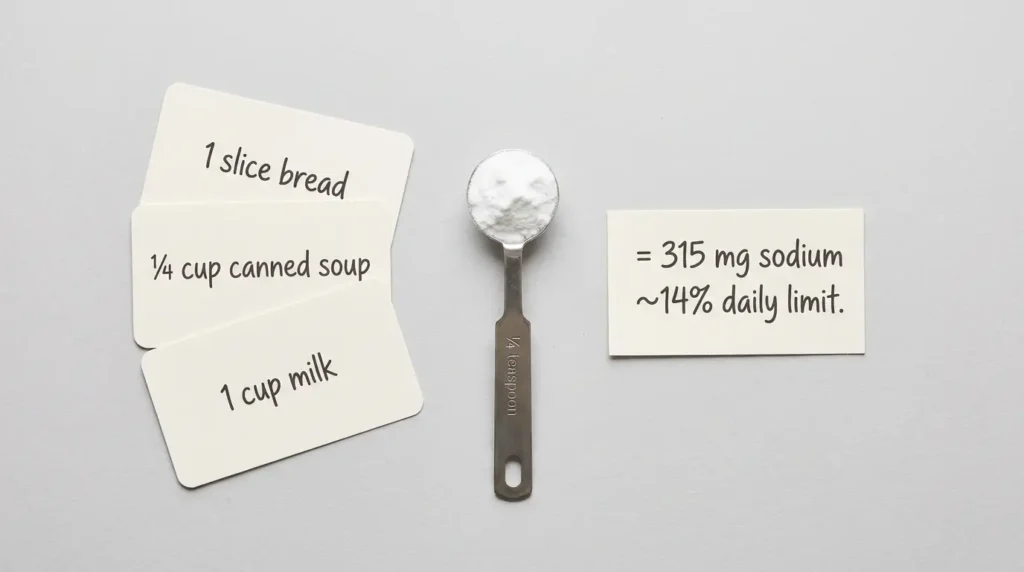 Quarter teaspoon of baking soda with a label showing it contains 315 milligrams of sodium — about 14 percent of the daily recommended limit
