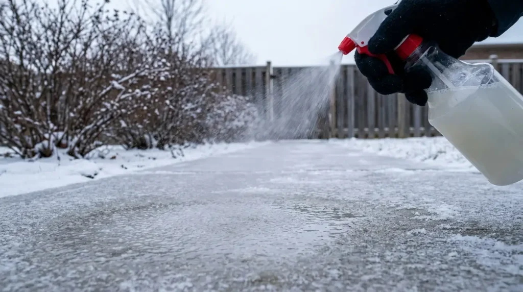Spray bottle application of baking soda solution onto an icy path — the dissolved solution makes contact faster than dry baking soda granules
