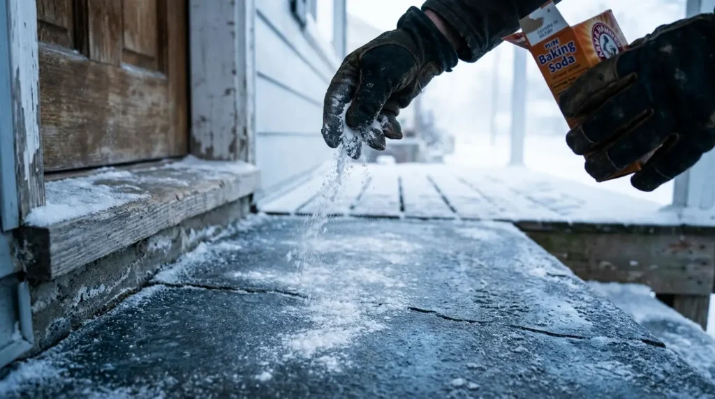 Gloved hand sprinkling baking soda from a box onto an icy front step — effective for light ice near freezing temperatures
