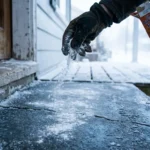 Gloved hand sprinkling baking soda from a box onto an icy front step — effective for light ice near freezing temperatures