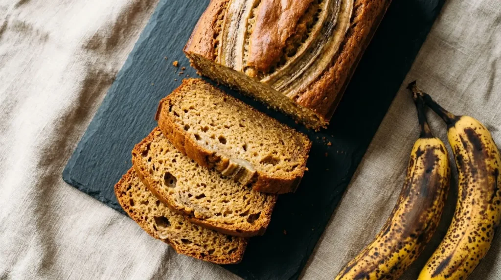 Sliced homemade banana bread on a dark slate board showing moist golden crumb, with ripe bananas alongside