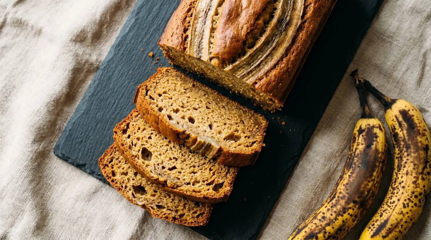 Sliced homemade banana bread on a dark slate board showing moist golden crumb, with ripe bananas alongside