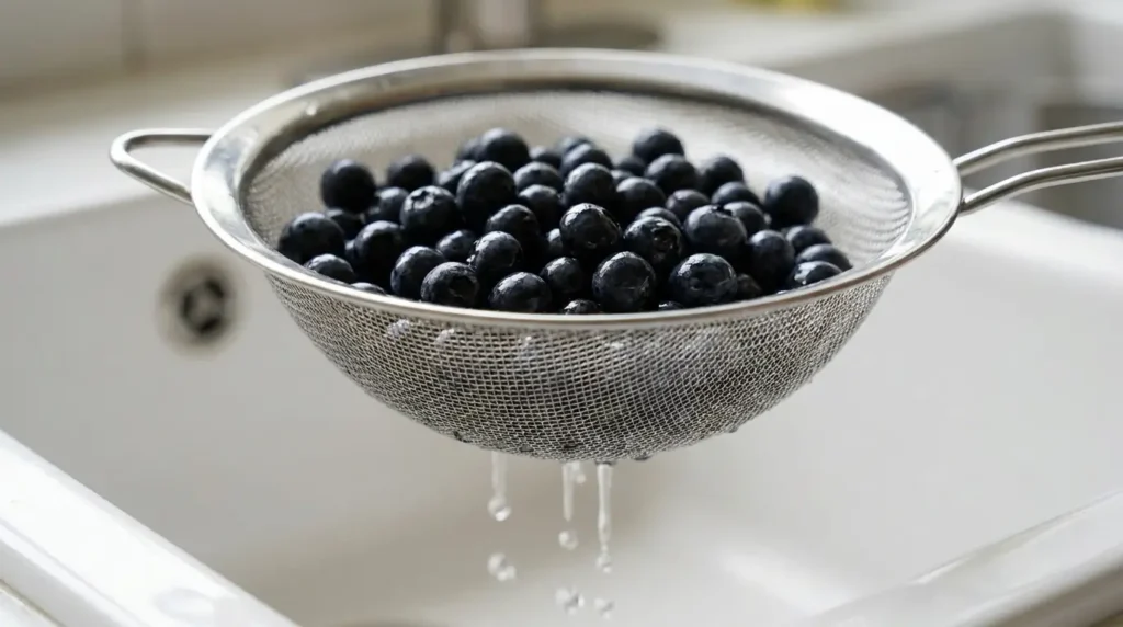 Washed blueberries draining in a fine-mesh strainer — the tight mesh prevents small berries from falling through unlike a standard colander