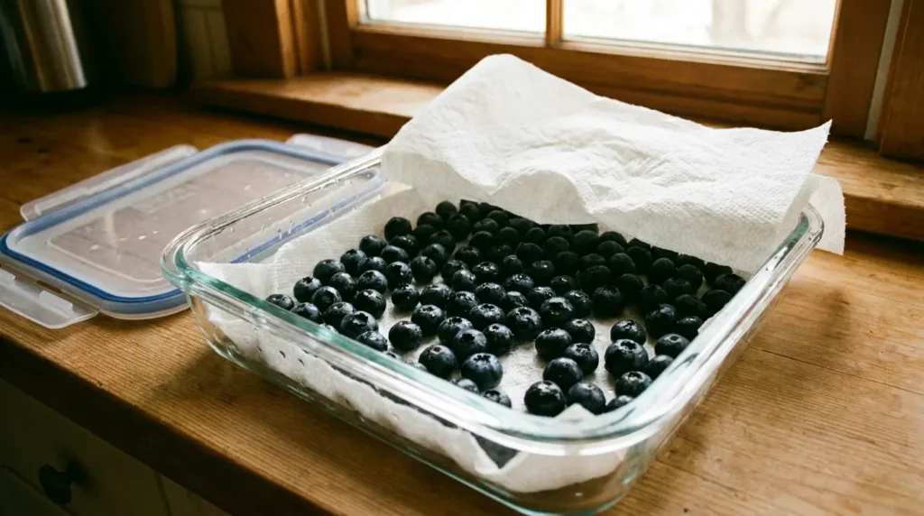 Washed blueberries drying on a paper-towel lined container before refrigerating — the proper storage method after a baking soda wash