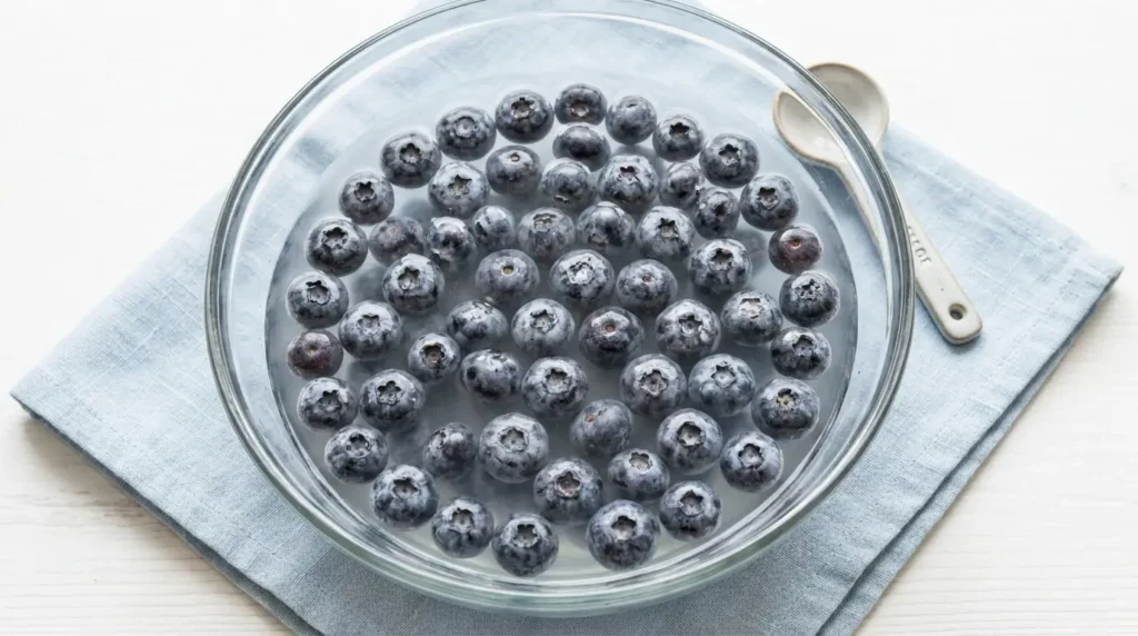 Fresh blueberries soaking in a baking soda water solution in a shallow clear bowl, showing the silvery bloom on the berry skins