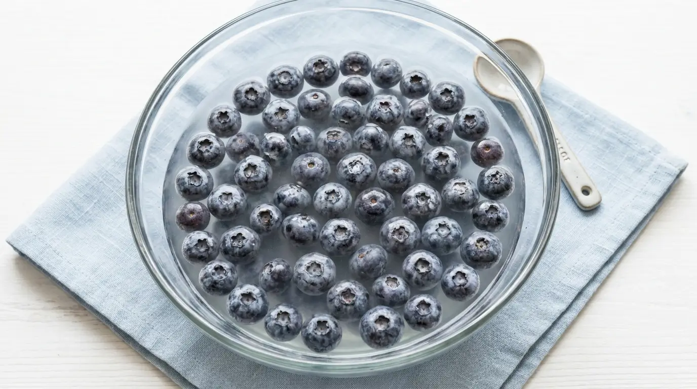 Fresh blueberries soaking in a baking soda water solution in a shallow clear bowl, showing the silvery bloom on the berry skins