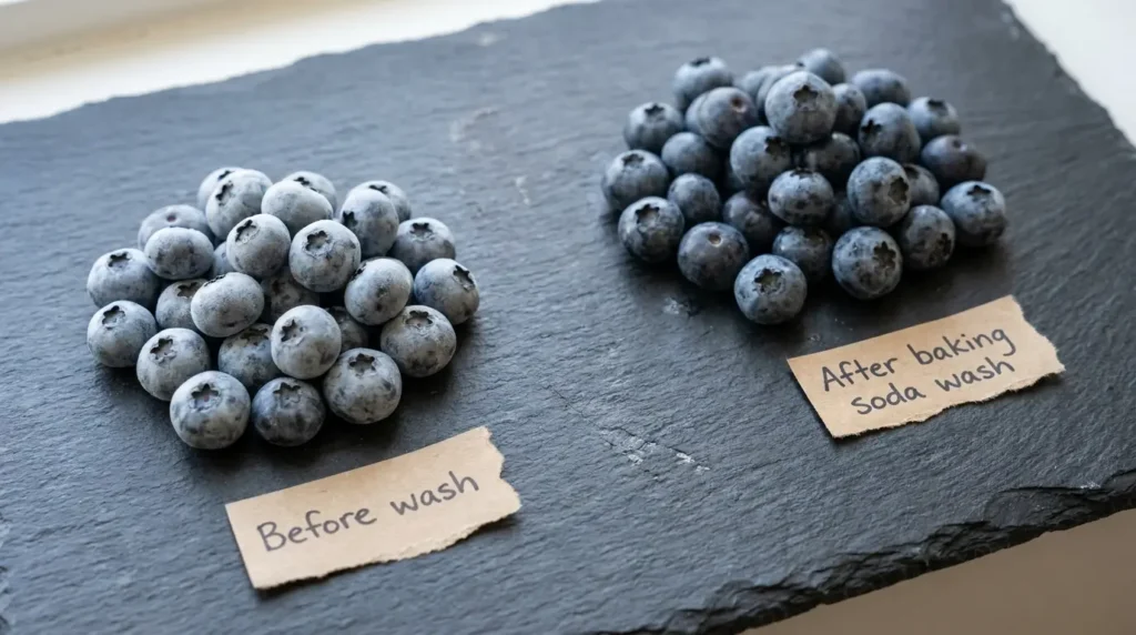 Blueberries before and after baking soda wash — the natural bloom is largely preserved with the gentle two-minute soak method