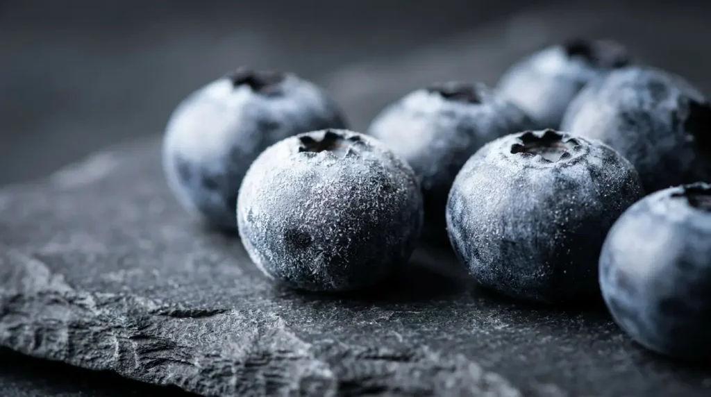 Close-up macro of fresh blueberries showing the silvery white natural bloom coating on the skin — a protective waxy layer that should be preserved during washing