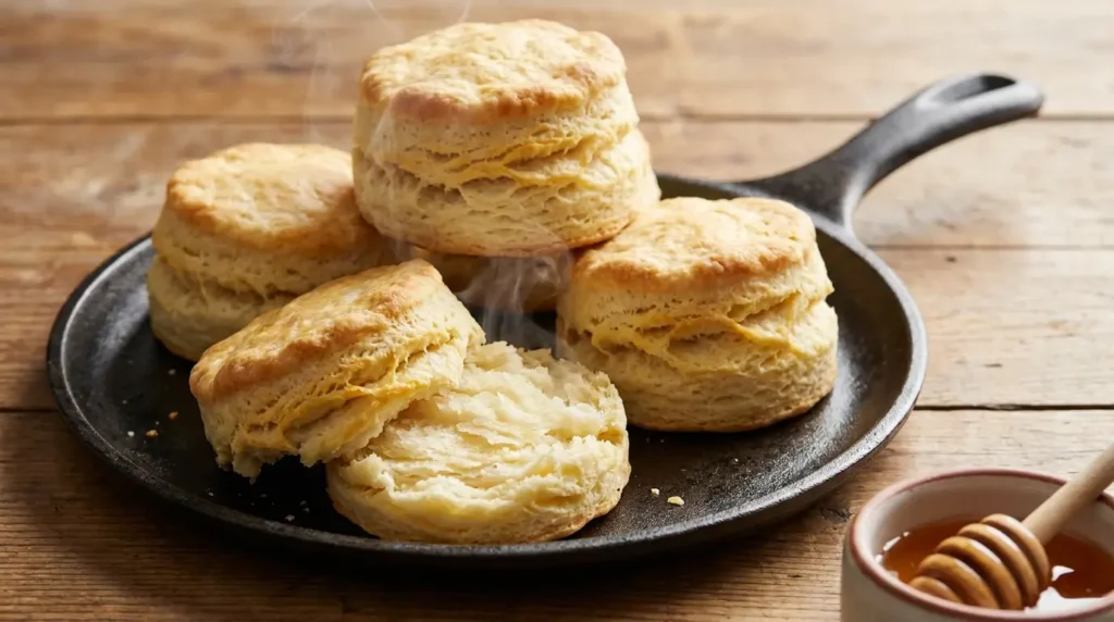 Stack of tall, flaky buttermilk biscuits in a cast-iron skillet with visible pull-apart layers and golden tops