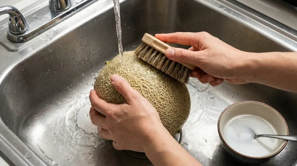 Scrubbing the exterior of a whole cantaloupe with a produce brush before cutting — baking soda solution applied to the surface removes bacteria that can transfer to the flesh on the knife