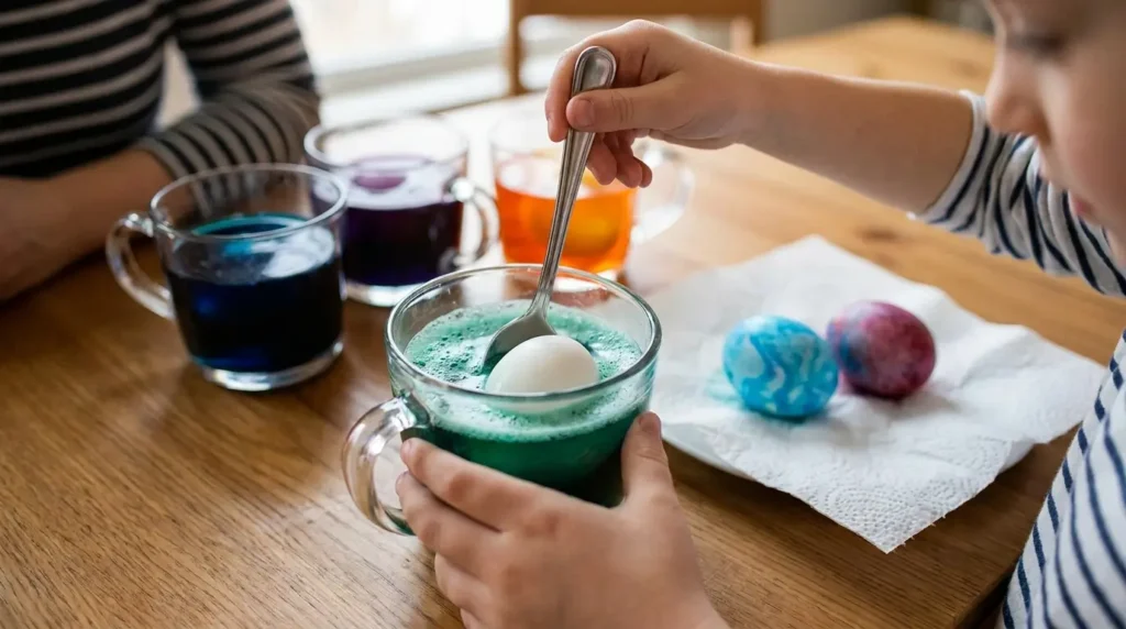 Child's hands lowering an egg into a teal-colored baking soda and red cabbage natural dye bath using a spoon