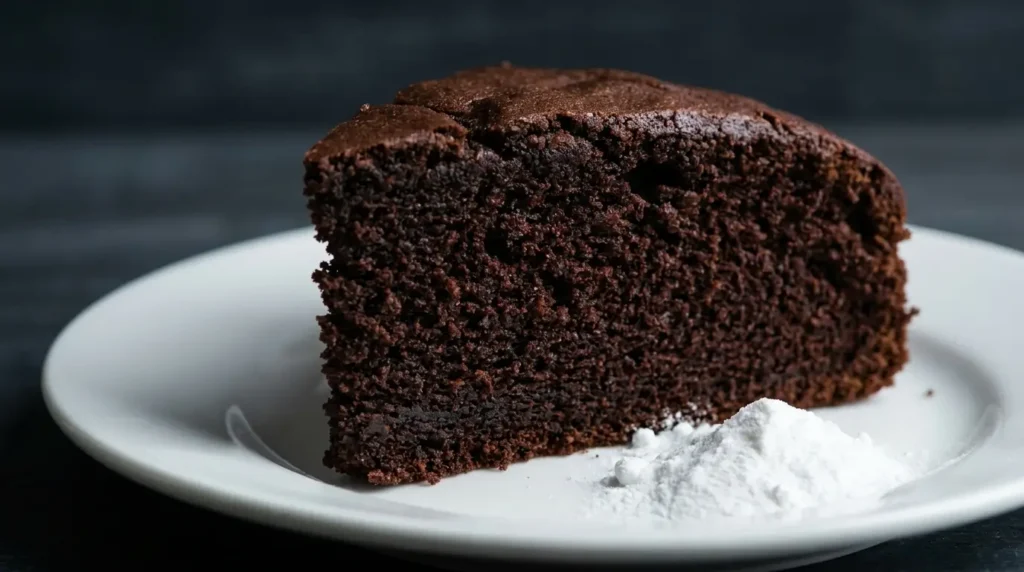 Cross-section of a dark chocolate devil's food cake slice showing the even crumb structure that comes from using both baking soda and baking powder
