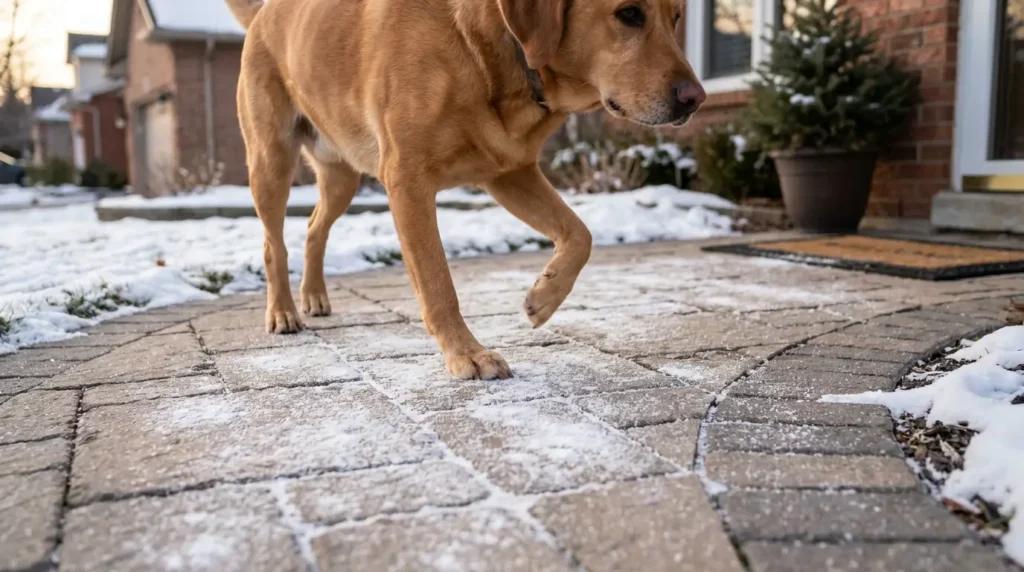 Dog walking across an icy path treated with baking soda — baking soda is a pet-safe alternative to rock salt and calcium chloride for ice treatment