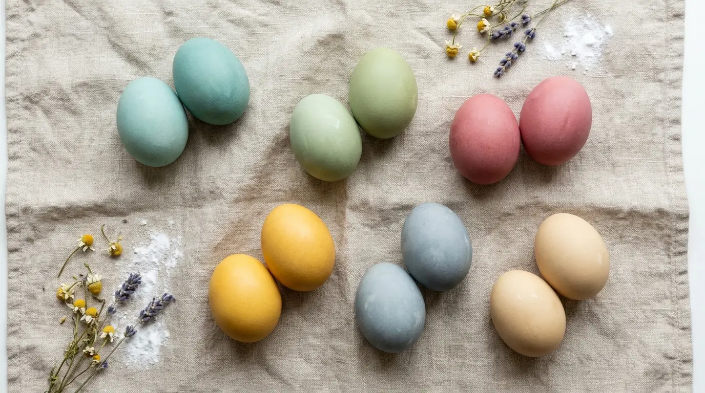 Easter eggs dyed with natural dyes and baking soda in soft teal, sage, rose, gold, and blue tones arranged on linen cloth — colors achievable only with alkaline baking soda method