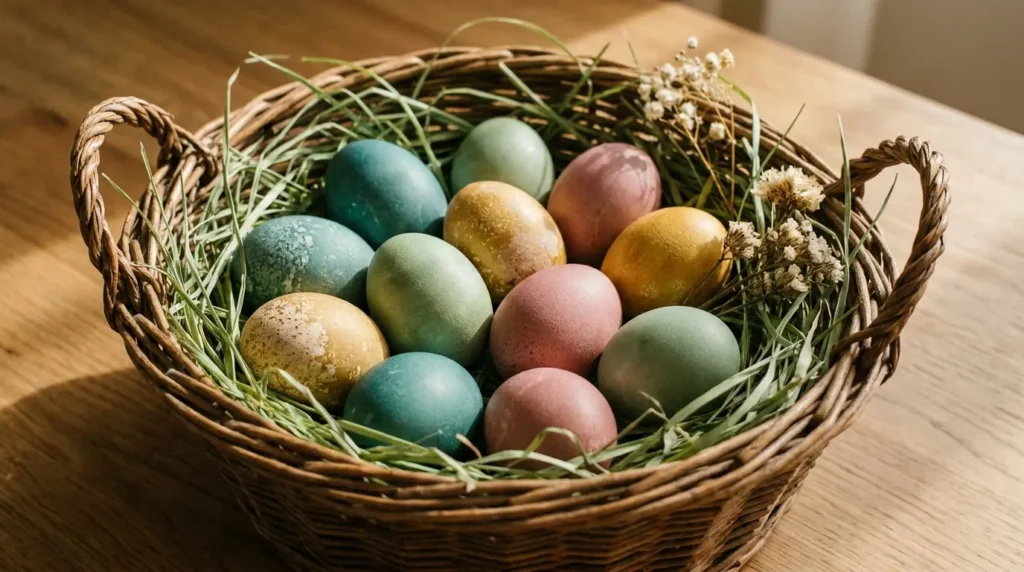 Finished Easter eggs dyed with baking soda and natural dyes displayed in a woven basket — teal, sage, rose, and gold tones from red cabbage, beet, and turmeric