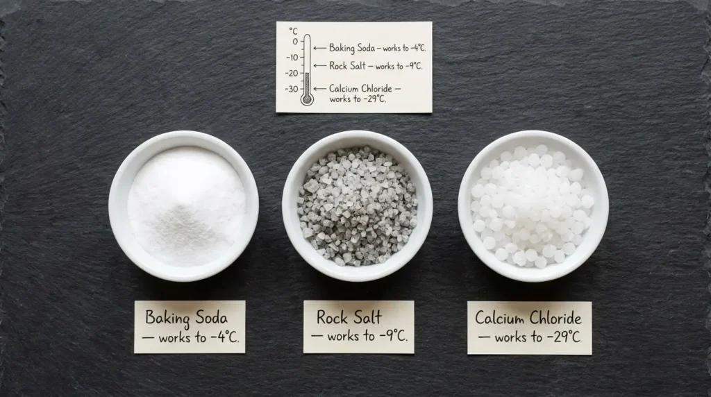 Three ice melters side by side — baking soda, rock salt, and calcium chloride — with their effective temperature ranges labeled