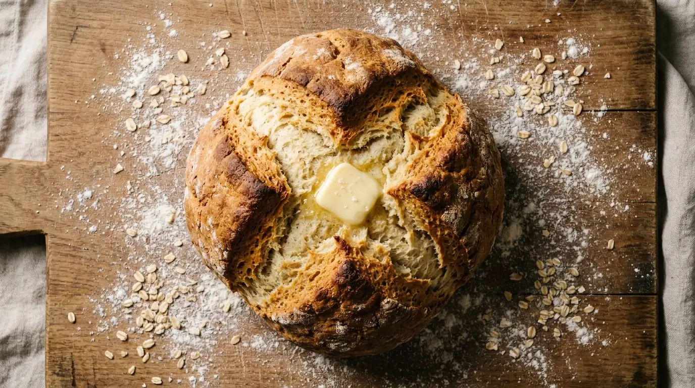 Freshly baked Irish soda bread loaf on a wooden board with a deep cross score and melting butter