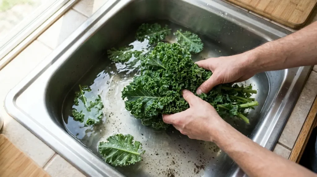 Kale leaves being swirled in a sink of baking soda solution during a leafy green produce wash — swirling dislodges soil without tearing leaves