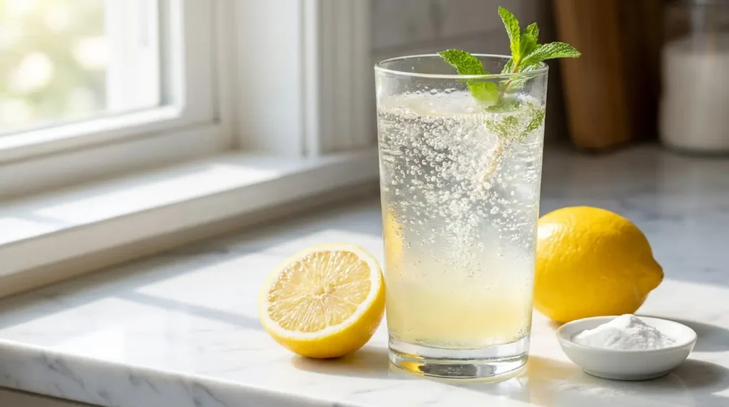 Glass of fizzing lemon and baking soda drink with active bubbles, a halved lemon, and a small dish of baking soda on a white marble surface