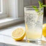 Glass of fizzing lemon and baking soda drink with active bubbles, a halved lemon, and a small dish of baking soda on a white marble surface