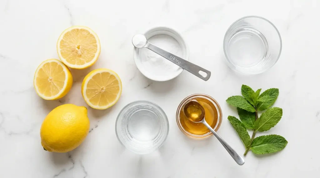 Flat lay of lemon and baking soda drink ingredients: fresh lemon, baking soda, water, honey, and mint on white marble