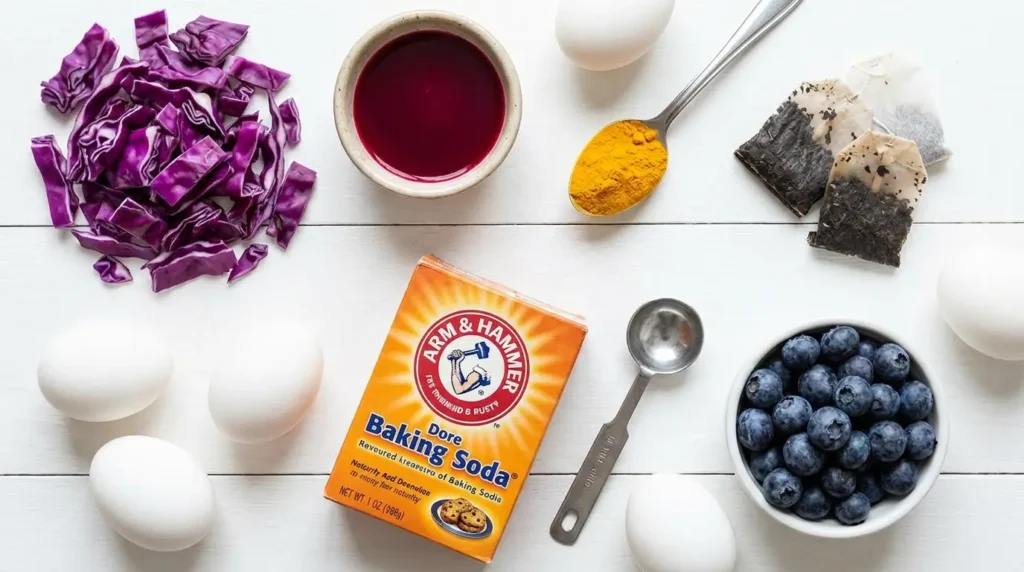 Flat lay of natural Easter egg dye ingredients — red cabbage, beet juice, turmeric, black tea, and blueberries alongside baking soda for the alkaline bath method