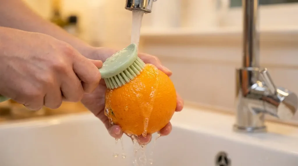 Scrubbing an orange peel with a produce brush under running water after a baking soda soak — essential before zesting or handling citrus peel