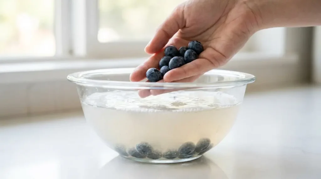 Hand gently placing blueberries into baking soda solution — careful handling prevents bruising of the thin skin