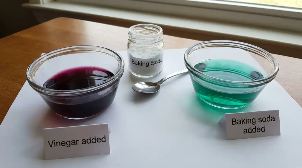 Red cabbage dye shifting from deep purple on the left to vivid teal green on the right when baking soda is added — demonstrating the pH color shift