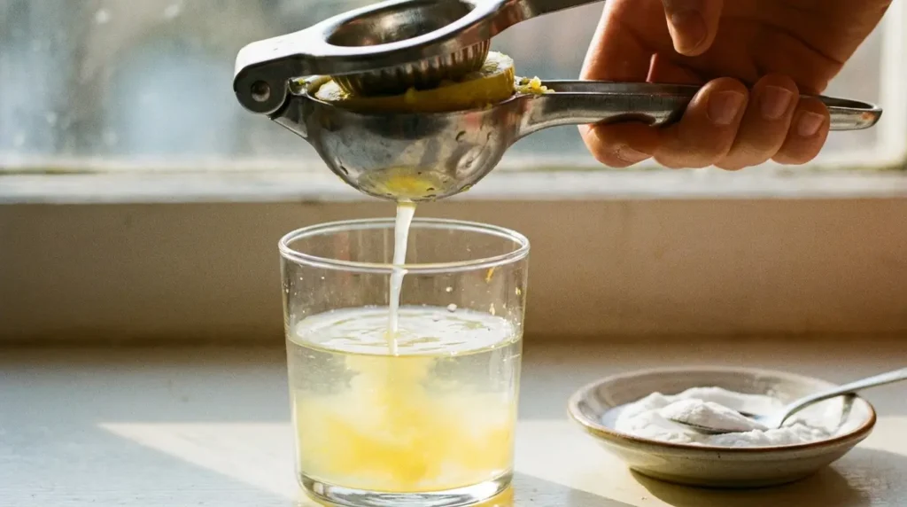 Squeezing fresh lemon juice into a glass of water before adding baking soda — lemon juice is added first to prevent overflow when baking soda is introduced