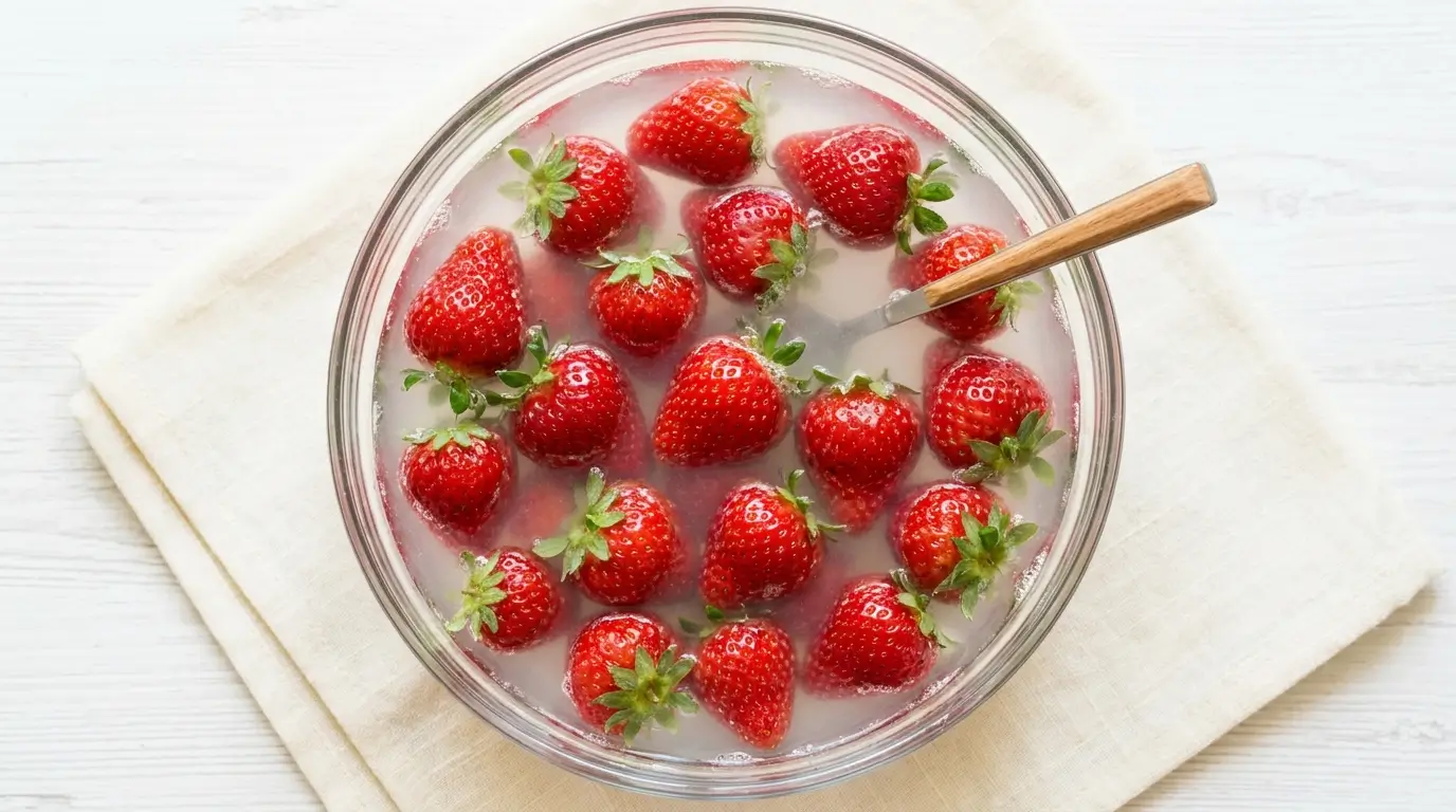 Fresh whole strawberries with tops on soaking in a baking soda water solution in a clear glass bowl