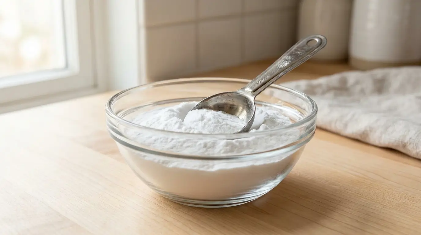 What is baking soda in a bowl with measuring spoon showing fine white sodium bicarbonate powder