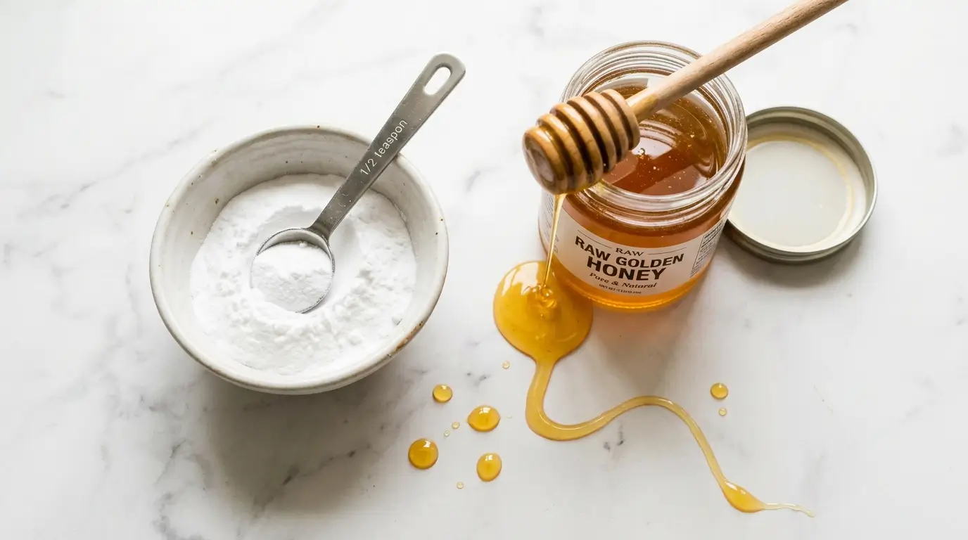 A ceramic bowl of white baking soda powder next to an open jar of raw golden honey with a wooden honey dipper on a white marble surface