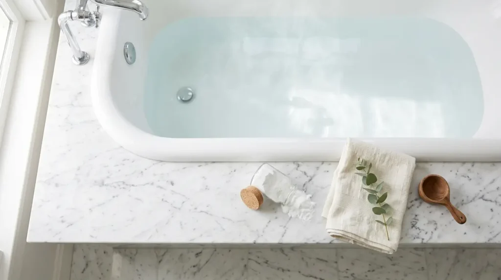 Overhead view of a white bathtub with baking soda, a linen towel, and eucalyptus on a marble surface