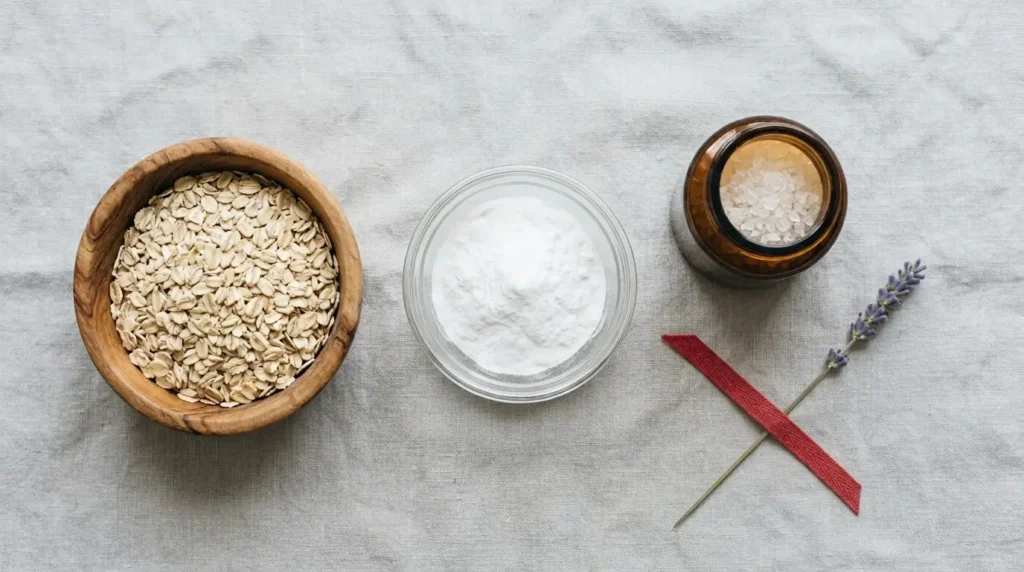 Flat-lay of baking soda, colloidal oatmeal, and Epsom salts on linen — optional bath add-ins