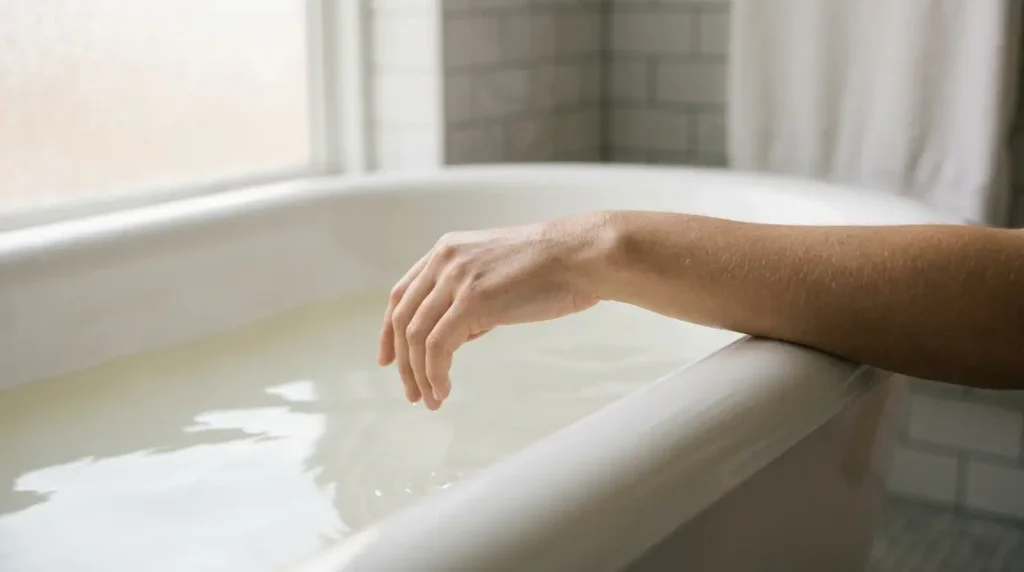 A person resting their arm on the edge of a bathtub filled with warm baking soda water