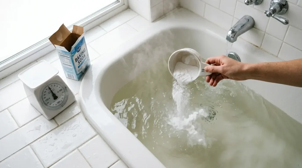 A measuring cup pouring baking soda powder into a bathtub of lukewarm running water