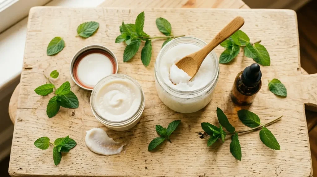 Glass jar of coconut oil and baking soda toothpaste paste next to a coconut oil jar, peppermint essential oil, and fresh mint leaves on a wooden surface
